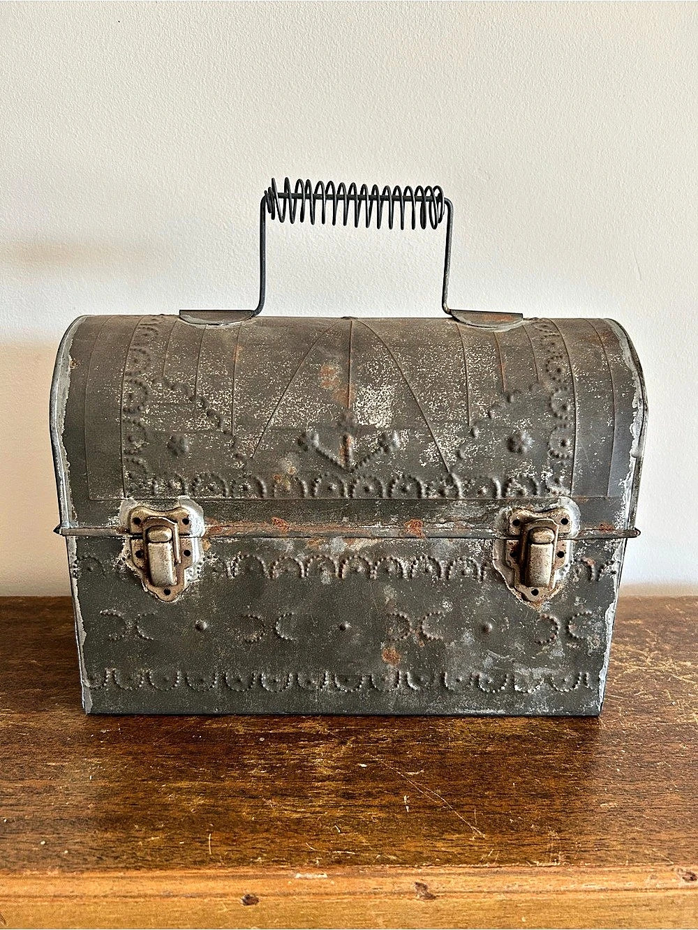 Vintage Industrial Embossed Metal Dome Top Lunchbox W/ A Spring Coil Handle